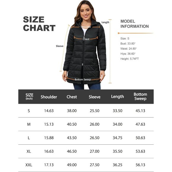 🆕 Women Black Long Quilted Puffer Coat Packable Lightweight Pockets Jacket Hood - Picture 7 of 9